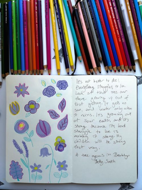 purple plant doodles and a quote from 'a tree grows in brooklyn' by betty smith