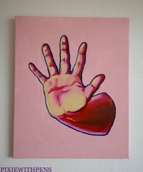 oil painting of hand signaling stop, pink background