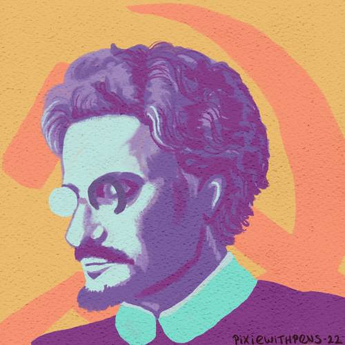 portrait of leon trotsky in orange, purple, and teal