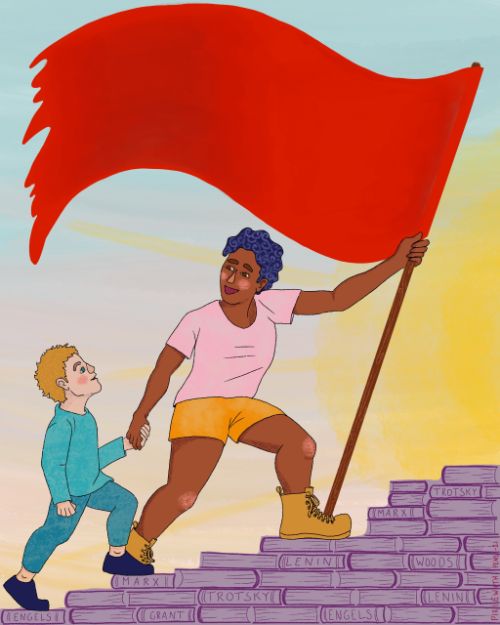 person with red flag helping child up a mountain of books