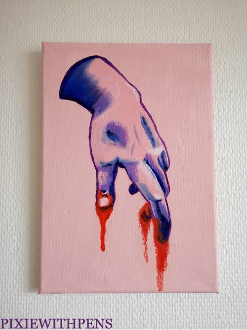 oil painting of hand dripping blood on pink background