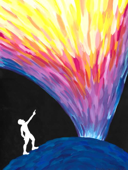 gouache painting of human pointing at color explosion